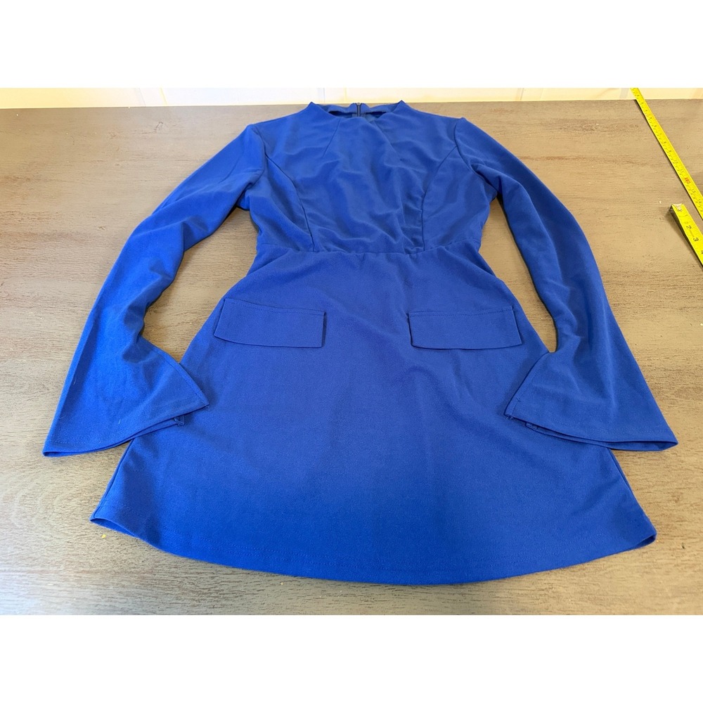 Unbranded Cobalt Blue Mock Neck Bell Sleeve Mini Dress Size M Retro Style - Picture 1 of 7